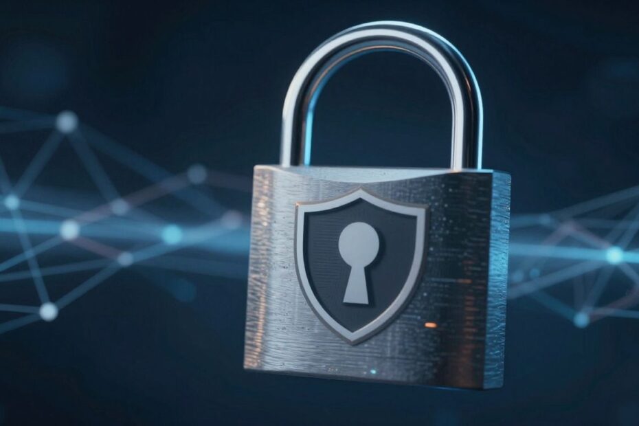 Digital lock and shield icon on network background.