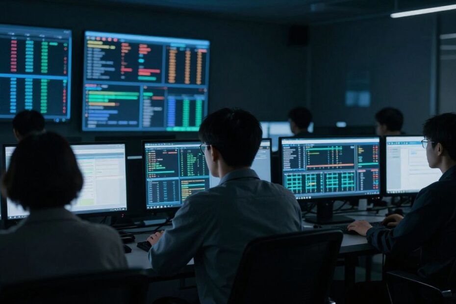 Security operations center with analysts monitoring data.