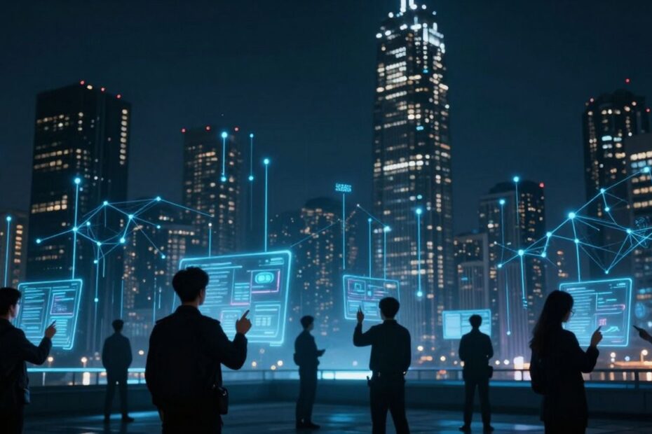Futuristic cityscape with digital data streams and holographic interfaces.