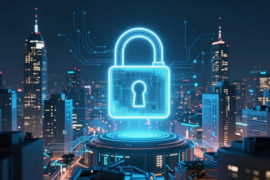 Futuristic city with digital circuits and a padlock icon.
