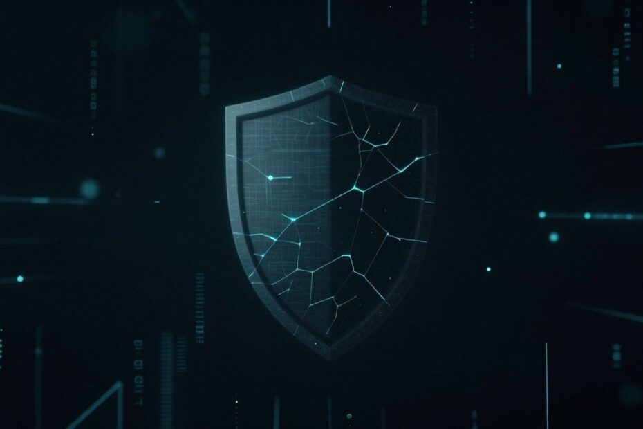 Digital data breach concept with fractured shield.