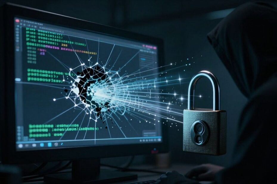 Cracked digital lock with data flowing out.