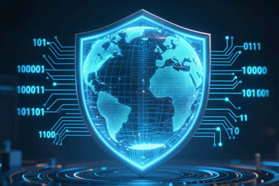 Digital shield protecting a globe, cybersecurity concept.