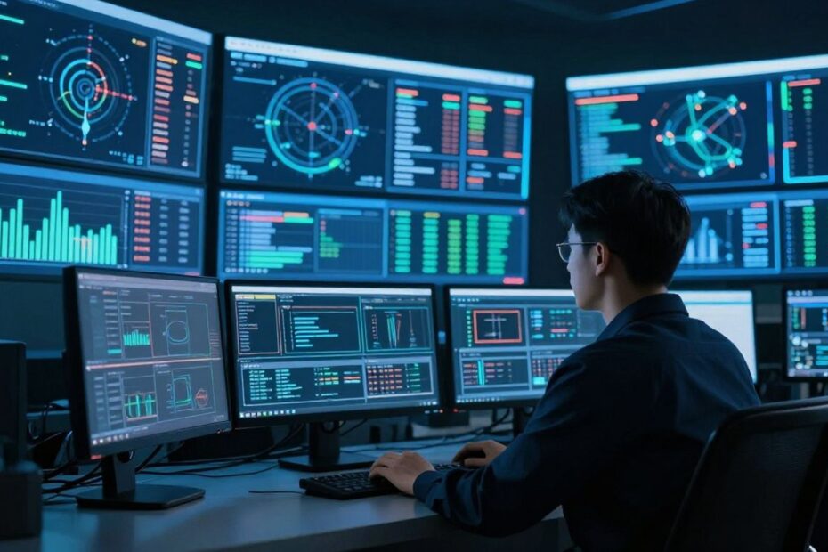 Security operations center with glowing screens
