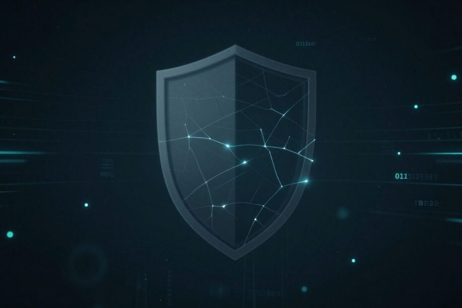 Abstract digital background with fractured shield graphic.