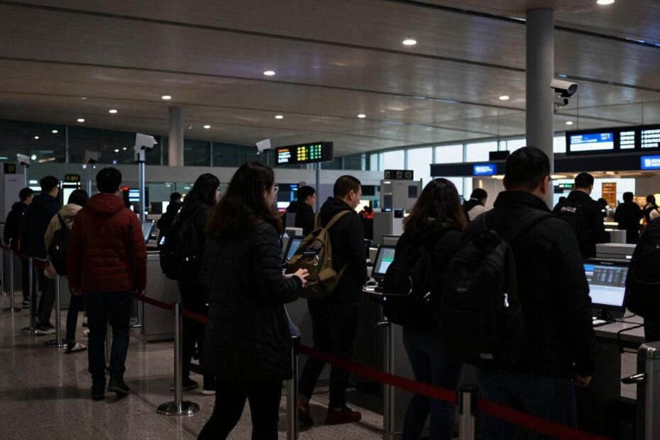 Airport security checkpoint with travelers and surveillance.