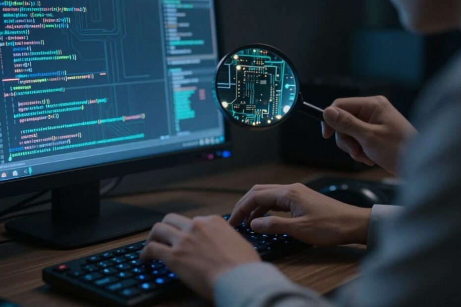 Cybersecurity analyst examining digital evidence on a computer.