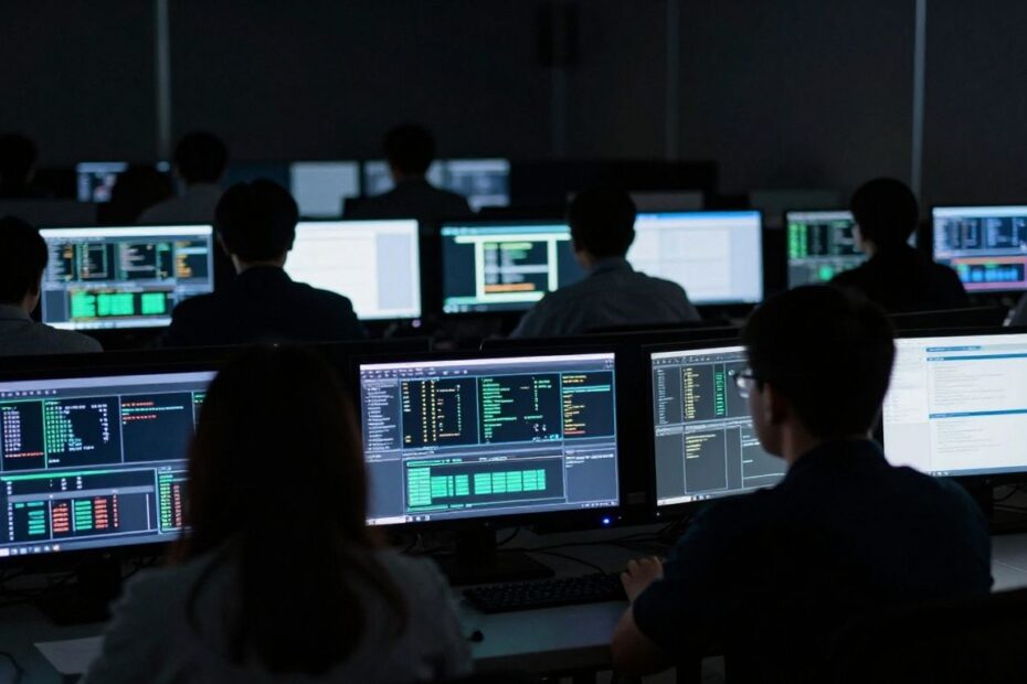Security operations center with analysts monitoring screens.