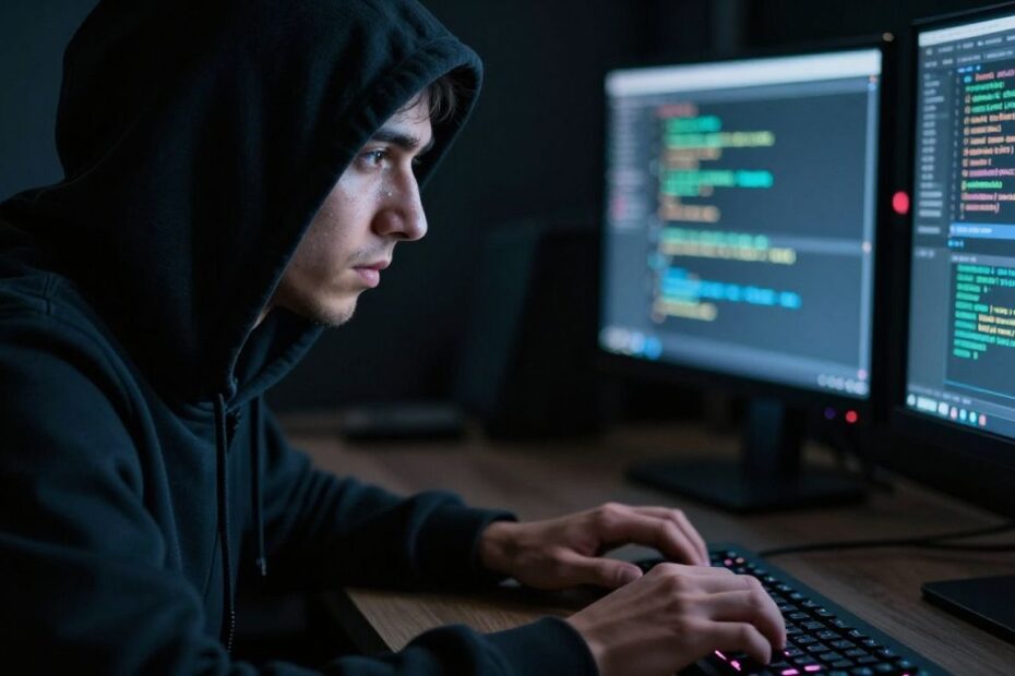 Hacker in hoodie in front of glowing monitors