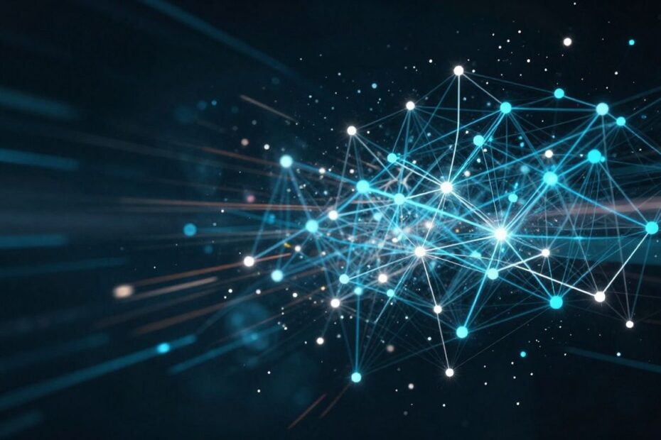 Digital storm of data streams and network nodes.