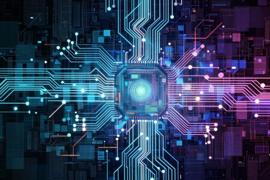 Hacker News trends digest with digital patterns and circuits.