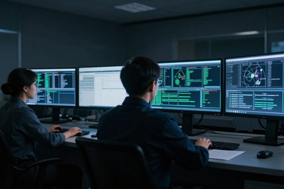 Modern security operations center with multiple monitors.