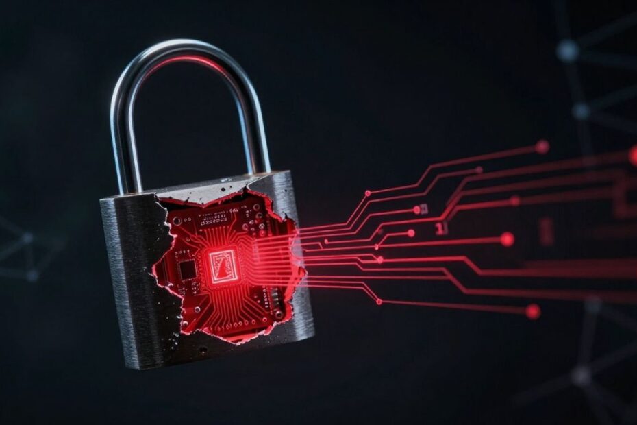 Cracked digital padlock with glowing red circuitry inside.