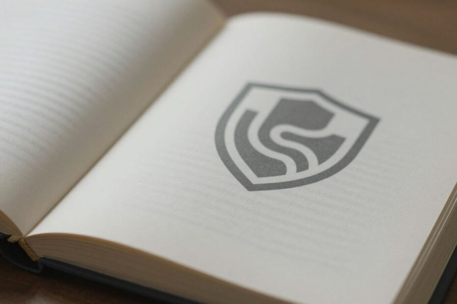 Open security operations center book with shield icon.