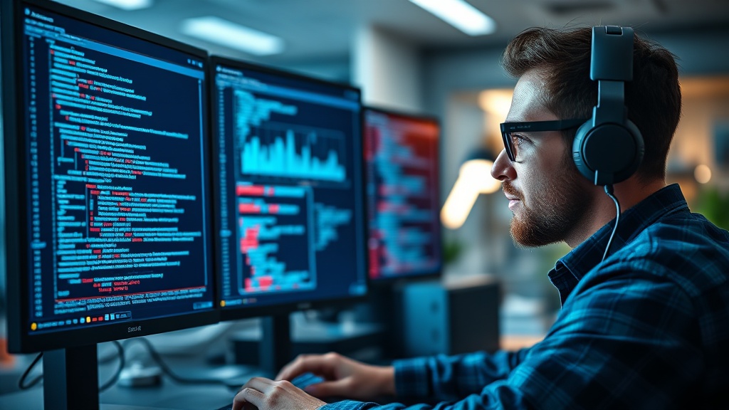 Software developer with dual monitors showing code editor and security scanner output during application security testing