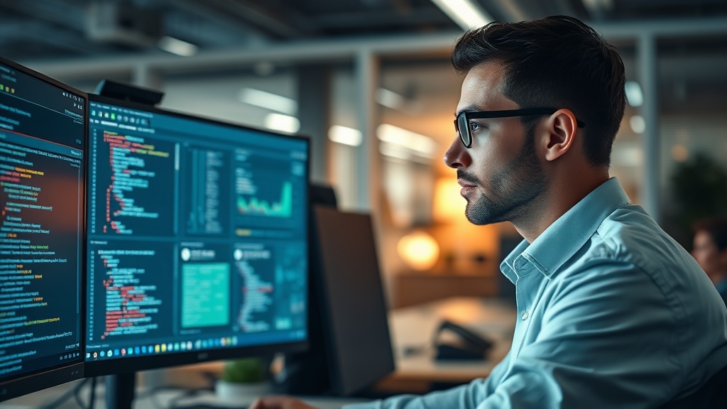 Developer coding with DevSecOps pipeline dashboard and security scan results visible on monitor