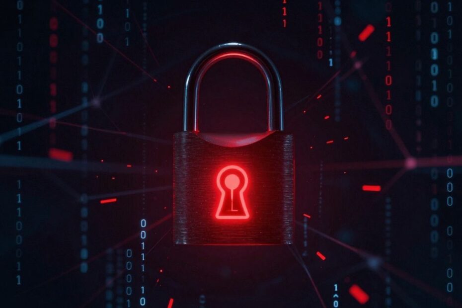 Digital lock with red alert symbol, binary code background.