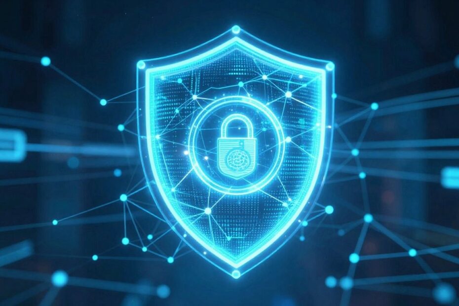 Cybersecurity shield protecting digital network