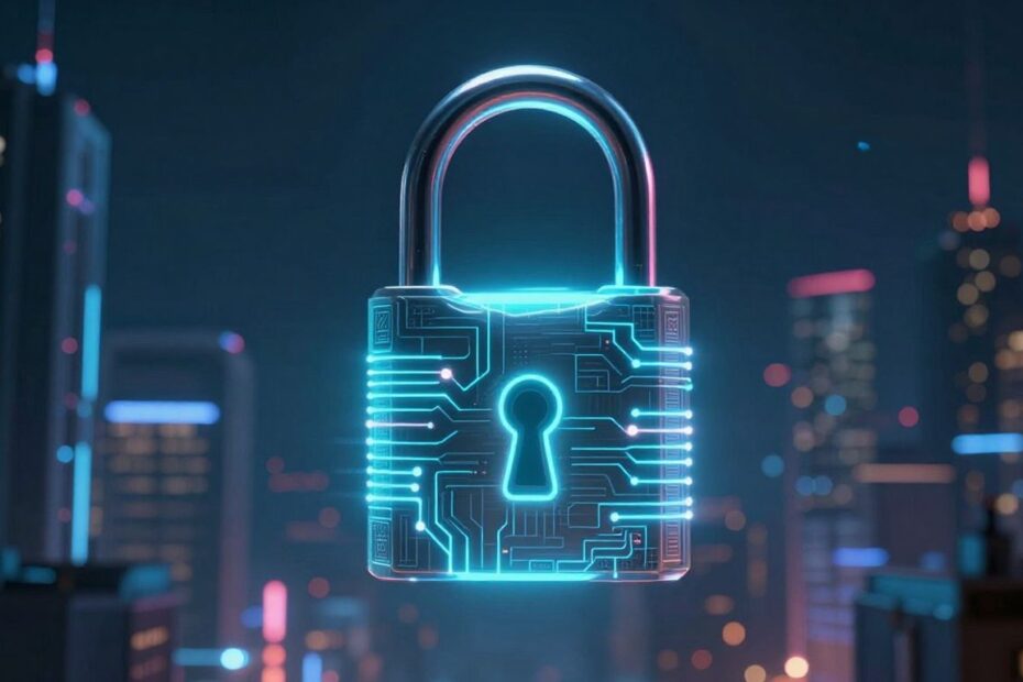 Futuristic cityscape with glowing digital padlock.