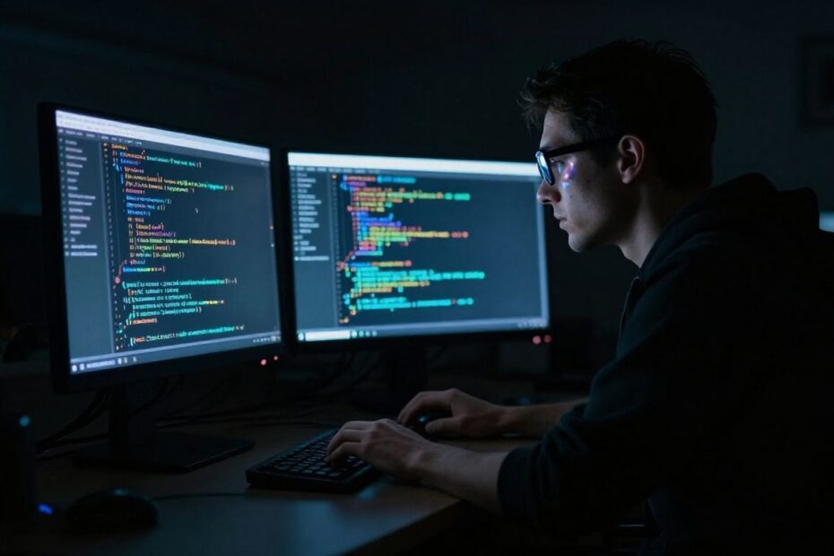 Hacker in dark room with glowing computer screen.
