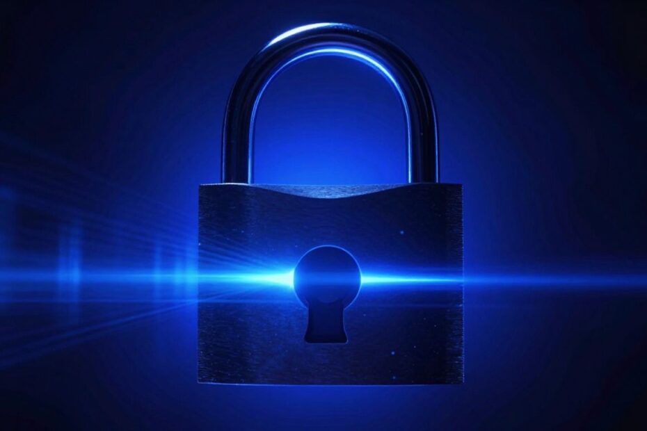 Digital padlock unlocking, cybersecurity theme.
