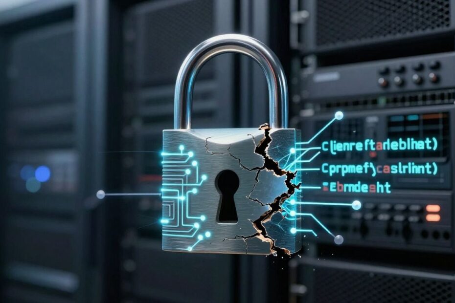 Cracked digital padlock with code emanating from breach.
