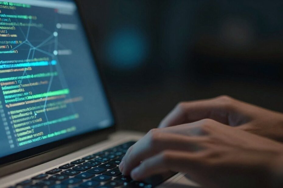 Hands typing on a laptop with digital code on screen.