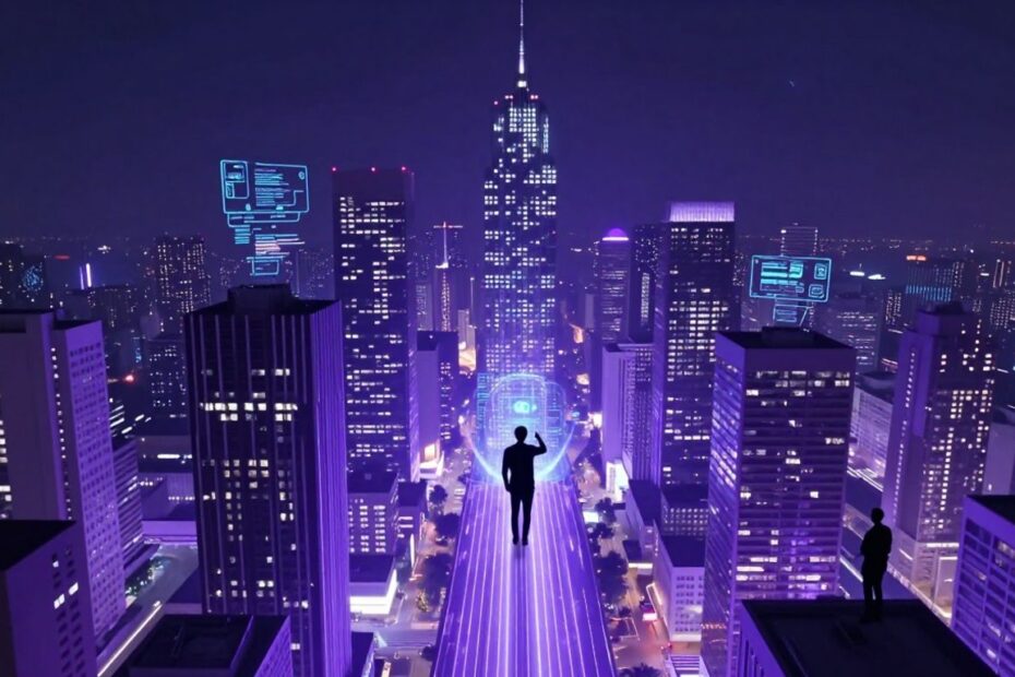 Futuristic cityscape with glowing digital pathways and holographic interfaces.