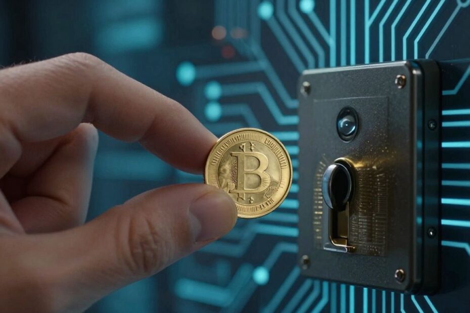 Hand placing coin into digital lock, abstract tech background.