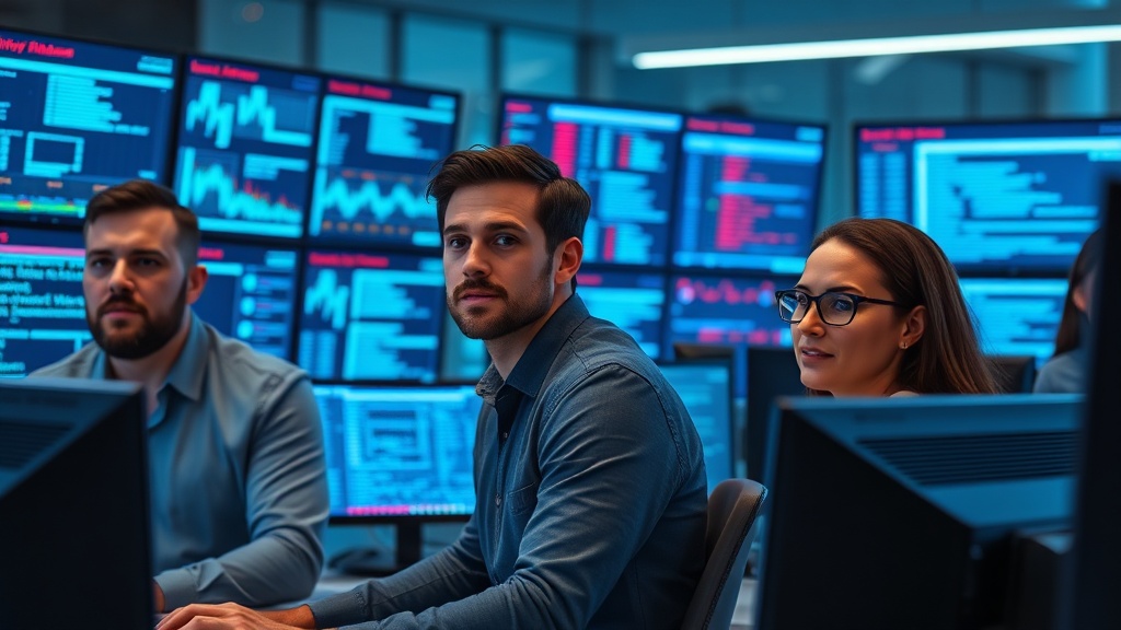 A busy Security Operations Center with multiple security analysts monitoring real-time dashboards and alerts on large wall displays, using endpoint detection and SIEM tools to detect threats.